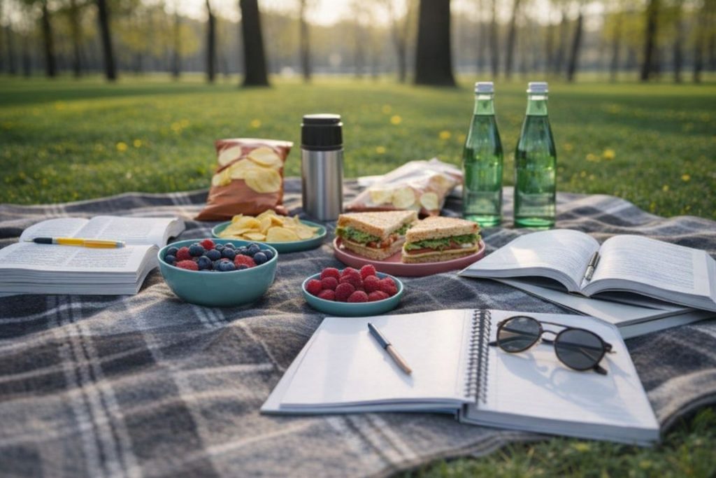 Picnic med sunde snacks og bøger på et tæppe i en solbeskinnet park.