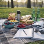 Picnic med sunde snacks og bøger på et tæppe i en solbeskinnet park.