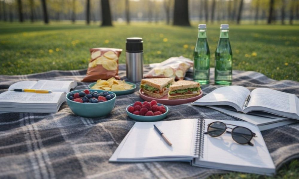 Picnic med sunde snacks og bøger på et tæppe i en solbeskinnet park.