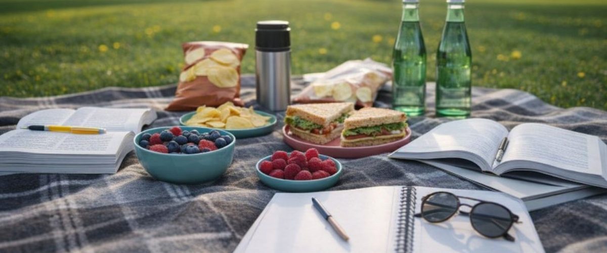 Picnic med sunde snacks og bøger på et tæppe i en solbeskinnet park. Picnic med sunde snacks og bøger på et tæppe i en solbeskinnet park.