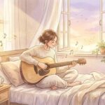 Rolig morgenstund med guitarspil på sengen og musiknoter i luften