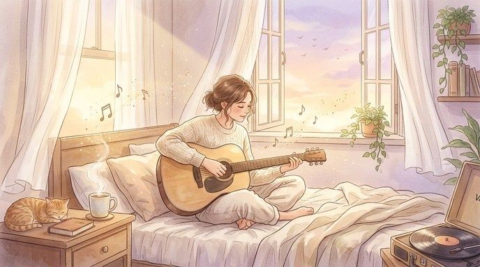 Rolig morgenstund med guitarspil på sengen og musiknoter i luften